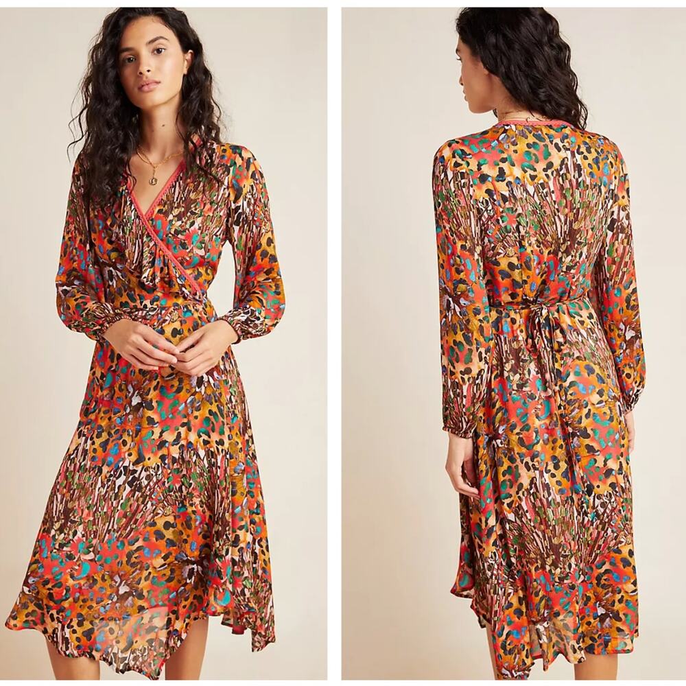 ANTHRPOLOGIE x BL^NK LONDON Jenny Maxi Wrap Dress Leopard Multi Sz S {U26}